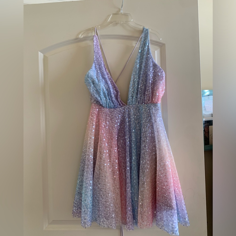 Rainbow sequined Lace up halter mini dress
